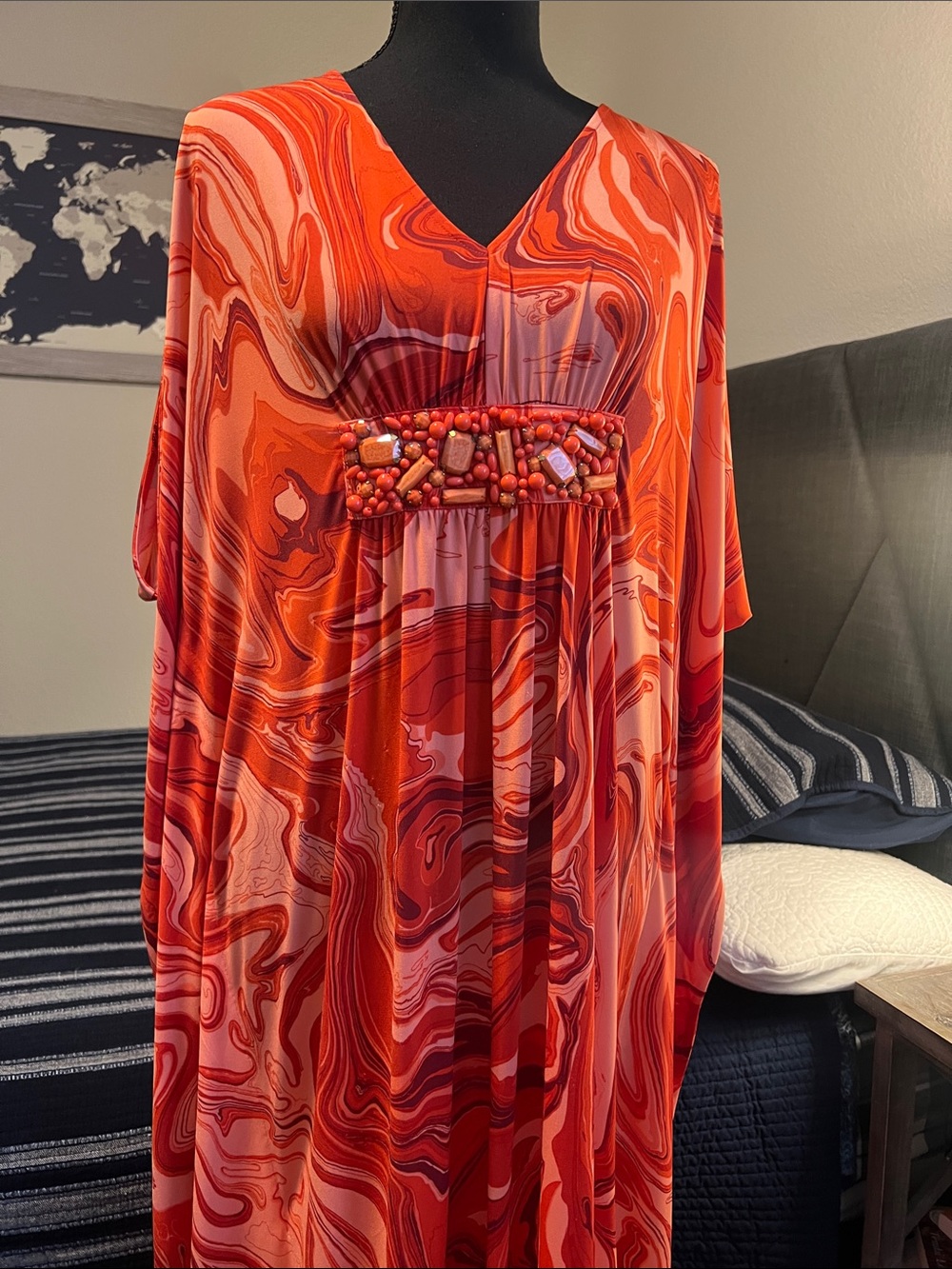 Michael Kors Red and Coral Marbled Maxi Dress with Beaded Waist